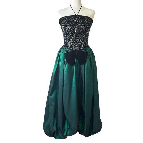 60s Old Hollywood Beaded Strapless Gown with Velvet Bow - Picture 1 of 12